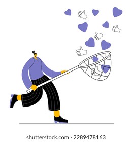 A blogger with a net catches likes and hearts. Vector illustration on the topic of promotion in social networks.