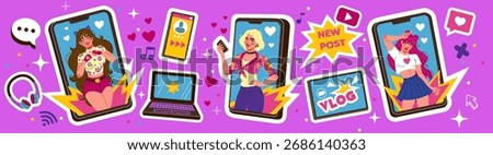 Blogger new post. Doodle icon phone. Laptop and smartphone. Internet vlog. Content creator woman. Cute girl playlist. Social media screen. Blogging photo. Vector business podcast of tidy influencers