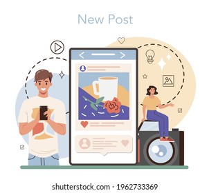 Blogger new post. Sharing media content in the internet. Idea of social media