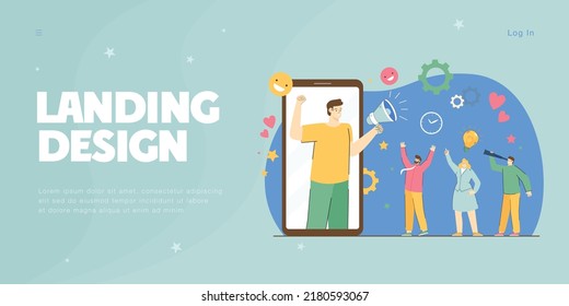 Blogger on phone screen attracting new followers. flat vector illustration. Man with loudspeaker promoting new products and services, engaging audience. SMM, influencer marketing concept