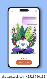 Blogger on phone screen. Woman doing yoga. Active lifestyle and sport. Famous vlogger at mobile phone. Marketing and promotion. Flat vector illustration isolated on blue background