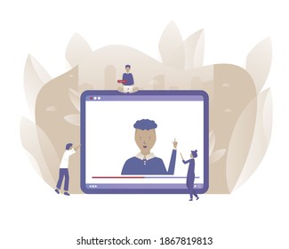 Blogger. Online education and webinar. Vector illustration with Web communication idea for telework, remote working, social media