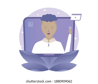 Blogger. Online education and webinar. Vector illustration with Web communication idea for telework, remote working, social media
