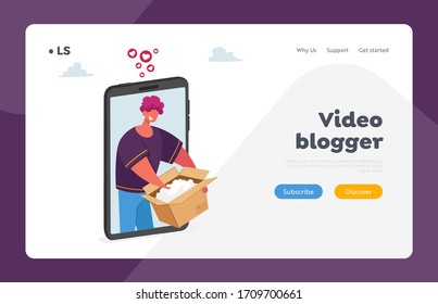 Blogger Online Parcel Unpacking Landing Page Template. Vlogger Streaming, Product Review. Influencer Male Character Unboxing Purchase on Huge Smartphone Screen for Blog. Cartoon Vector Illustration