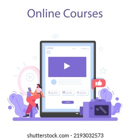 Blogger online service or platform. Character sharing media content in the internet. Idea of social media and network. Online course. Flat vector illustration