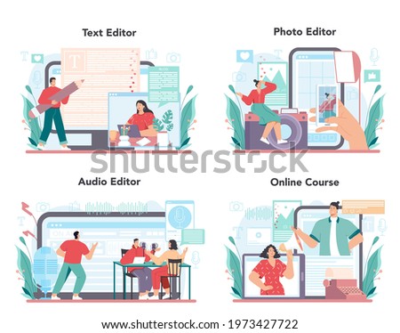 Blogger online service or platform set. Sharing media content in the internet. Idea of social media and network. Online course, audio, photo and text editor. Isolated flat vector illustration