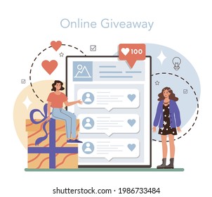 Blogger online service or platform. Sharing media content in the internet. Idea of social media and network. Online giveaway. Isolated flat vector illustration