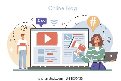 Blogger online service or platform. Sharing media content in the internet. Idea of social media and network. Online blog. Isolated flat vector illustration