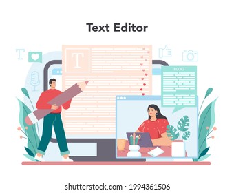 Blogger online service or platform. Sharing media content in the internet. Idea of social media and network. Online text editor. Isolated flat vector illustration