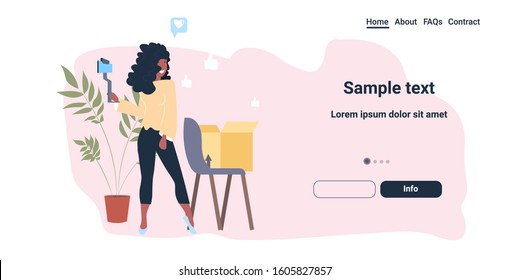 blogger opening parcel box african american woman using smartphone camera recording unboxing video live streaming social media mail delivery shipment blogging concept full length horizontal vector