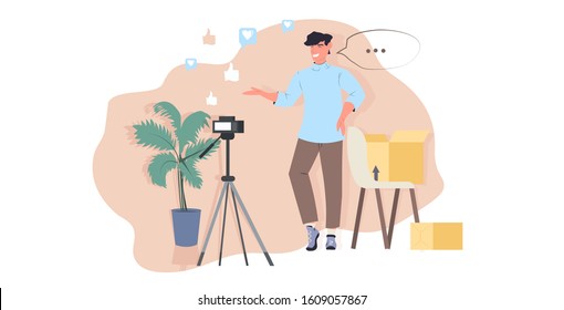 blogger opening parcel box man recording unboxing video live streaming social media mail delivery shipment blogging concept full length horizontal vector illustration