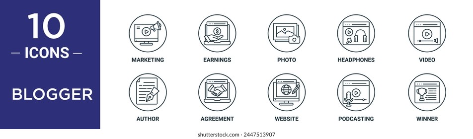 blogger outline icon set includes thin line marketing, earnings, photo, headphones, video, author, agreement icons for report, presentation, diagram, web design