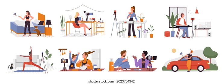 Blogger people make online video blog content or channel in social media everyday vector illustration. Cartoon girl character doing sport exercise on camera, cooking food, daily life isolated on white