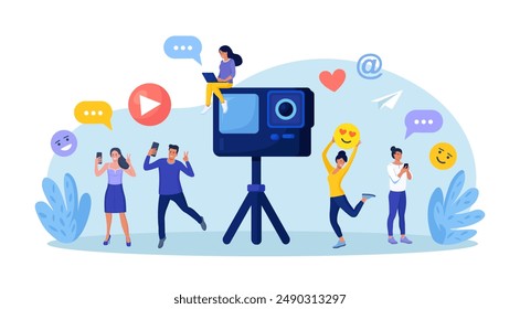 Blogger people make video blog content, channel in social media. Man in front of phone camera recording video to share it in internet. Live streaming, broadcast. Online conferencing and communication