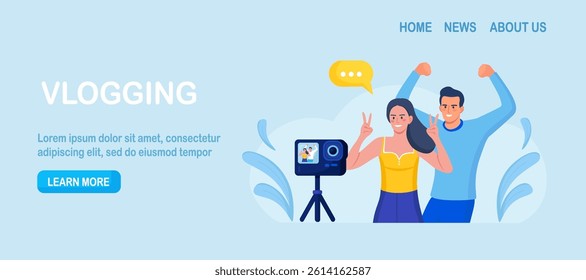 Blogger people make video blog content, channel in social media. Man and woman in front of phone camera recording video to share it in internet. Live streaming, broadcast. Online conferencing