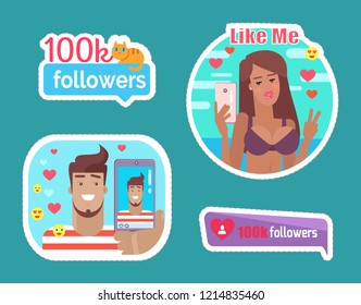 Blogger with phone streaming online stickers set vector. Followers number and statistics, like me people with cells taking photos and videos on web