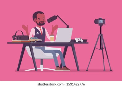 Blogger podcaster streaming. Black man writing material to blog, reviewing for online journal or website content, posting short video to vlog, recording program. Vector flat style cartoon illustration