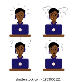 Blogger podcaster streaming. emotions of a young call center operator.  Joy, sad, angry, surprise. Afro-American sits at a laptop with headphones , a microphone. Vector flat style cartoon illustration