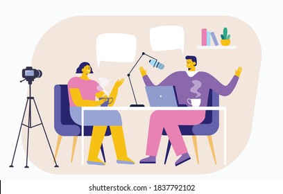 Blogger Podcaster Streaming. Interview, Podcast, Live-Streaming, Broadcast, Radio Host flach Vektorgrafik. Bloggers Cartoon Charakter. 