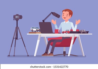 Blogger podcaster streaming. Man writing material to blog, reviewing for online journal or website content, posting short videos to a vlog, recording program. Vector flat style cartoon illustration