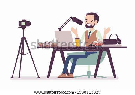 Blogger podcaster streaming. Man writing material to blog, reviewing for online journal or website content, posting short video to vlog, recording program. Vector flat style cartoon illustration