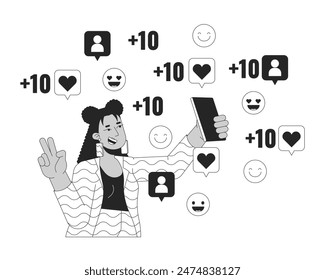 Blogger posando en la cámara del teléfono inteligente para los seguidores en blanco y negro 2D línea de dibujos animados. Mujer latina victoria dedos aislados contorno de Vector persona. Ilustración monocromática de la mancha plana de la generación z