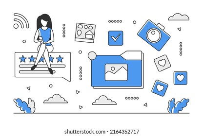 Blogger posting and sharing photos. Vlogging and creating engaging content vector monocolor illustration