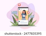 Blogger promoting goods and services for followers online vector illustration. Huge smartphone with girl with megaphone. Online engagement communication business, digital marketing concept