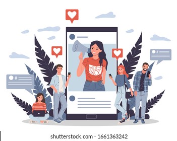 Blogger promoting goods and services for followers online vector illustration. Potential product consumers reading influencer advices. Online engagement communication business, digital marketing