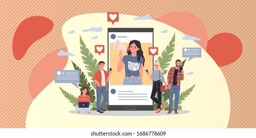 Blogger Promoting Goods And Services For Followers Online Vector Illustration. Potential Product Consumers Reading Influencer Advices. Online Engagement Communication Business, Digital Marketing