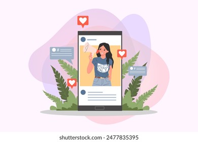 Blogger promoting goods and services for followers online vector illustration. Huge smartphone with girl with megaphone. Online engagement communication business, digital marketing concept