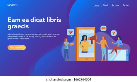 Blogger promoting product or service in social media vector illustration. Potential product consumer following influencer advice. Online engagement communication business, influence marketing