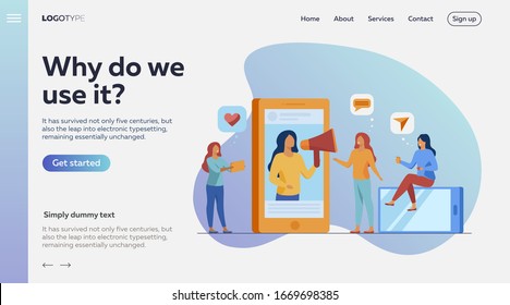 Blogger promoting product or service in social media vector illustration. Potential product consumer following influencer advice. Online engagement communication business, influence marketing