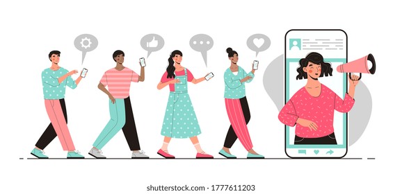 Blogger promotion concept with an announcement being made on a mobile phone over a megaphone and queue of people with chat icons, colored vector illustration