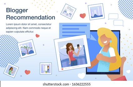 Blogger Recommendation, Monetization of Popularity in Social Network, Marketing Campaign with Opinion Leader in Internet or Brand Ambassador Banner, Poster Template Trendy Flat Vector Illustration