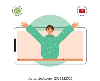 Blogger record of man raising hand in green sweater with video on smartphone. Character design. Vector flat illustration