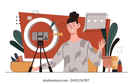 Blogger record video. Woman standing near camera. Young girl create interesting content for social networks. Beauty blog. Famous person with cosmetics products. Cartoon flat vector illustration