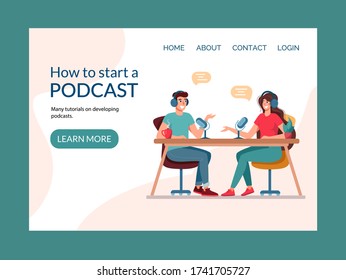A blogger is recording audio.  Layout webpage for learning podcast recordings. The girl writes a podcast, conducts a webinar, online courses, the concept of an educational podcast. Vector, isolated