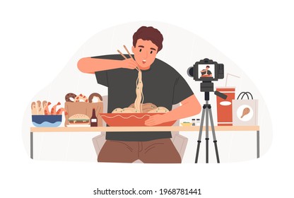 Blogger recording Mukbang video for entertainment vlog, eating asian food in front of camera. Vlogger creating content for his channel. Colored flat vector illustration isolated on white background