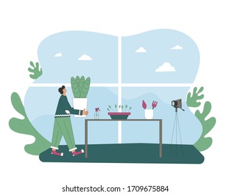 Blogger recording a new video. Indoor plants lovers. Person wearing in casual clothes holding in hands potted flower. People with houseplants. Vector color flat illustration.