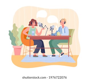 Blogger is recording podcast with special guest in studio. Male and female characters are talking in studio with microphones to record new program. Flat cartoon vector illustration