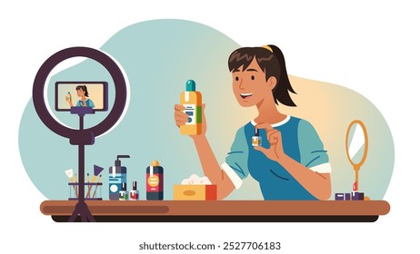 Blogger recording review on cosmetic products. Woman person showing recommending bottles recording promotion video on smartphone camera. Blogging, internet marketing flat vector illustration