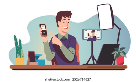 Blogueiro que grava um vídeo ou anúncio feito por um smartphone no celular. Pessoa de homem influente apontando para telefone celular inteligente anunciando novo dispositivo em home desk. Ilustração vetorial plana e na Internet