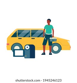 Blogger recording tutorial for car repair flat vector illustration isolated.