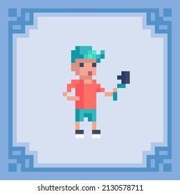 Blogger recording tutorial video for his vlog. Pixel art character. Vector illustration in 8 bit style