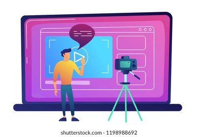 Blogger recording video blog with camera for internet vector illustration. Shooting video blog and blogging, web television and social media, multimedia concept. Isolated on white background.