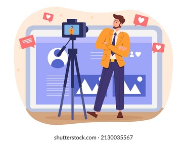 Blogger recording video for channel in social media. Young man in stylish clothes tells his audience useful information and takes video on camera. Content creator. Cartoon flat vector illustration