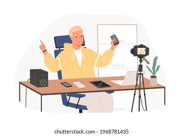 Blogger recording video review of new released gadgets. Tech vlogger testing and showing latest laptops, phones, and tablets. Colored flat graphic vector illustration isolated on white background