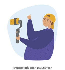 Blogger records video on the phone using an electronic camera stabilizer. Concept of live streaming, broadcast, social media networking. Guy takes pictures of himself on phone flat vector illustration