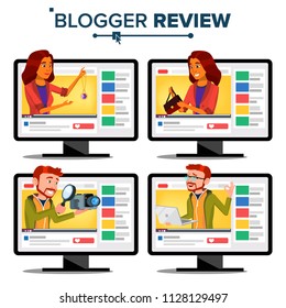 Blogger Review Concept Vector. Video Blog Channel. Man, Woman Popular Video Streamer Blogger. Recording. Online Live Broadcast. Testing Functional. Fashion. Cartoon Illustration
